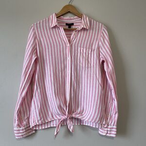 J. Crew 100% Linen Pink Striped Button Down Shirt 10 Tie Front Beach Coastal